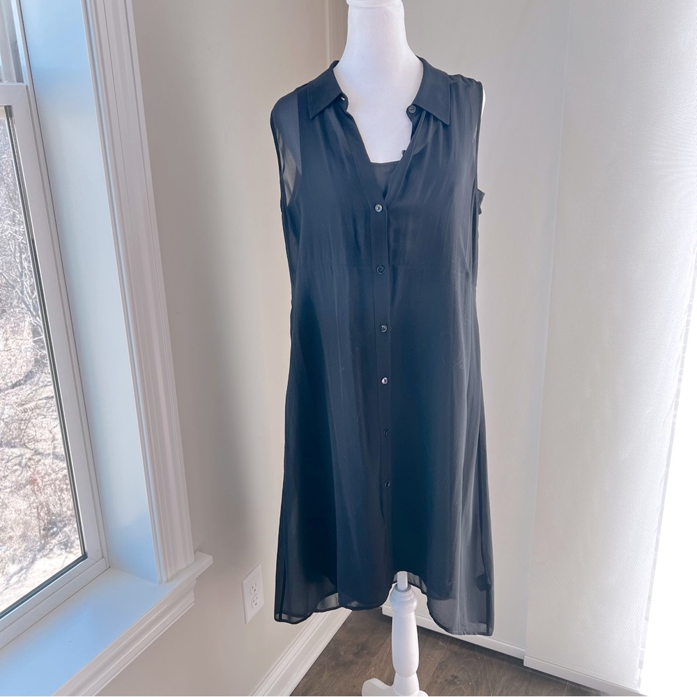 Eileen Fisher silk collar tunic buttoned black dress Size M